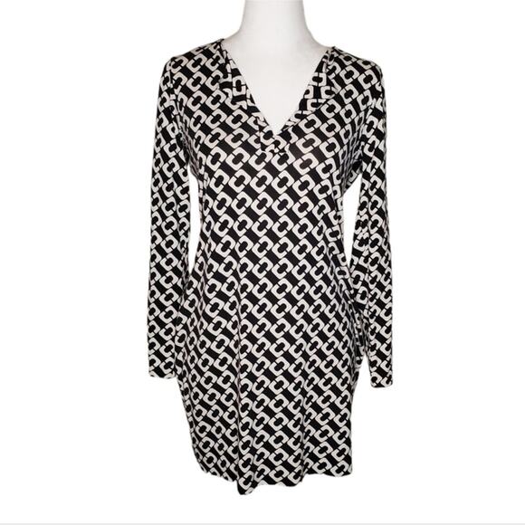 Diane Von Furstenberg Reina Silk Chain Link Shift Dress Black White Size 10 - Picture 6 of 12